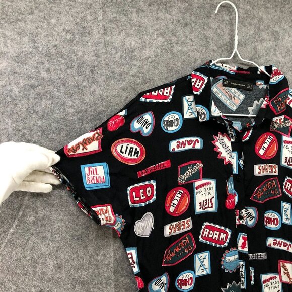 Zara Mini Shirt Dress Size S Black Multicolor Boy Names Graphic Rayon Artsy - Picture 5 of 11